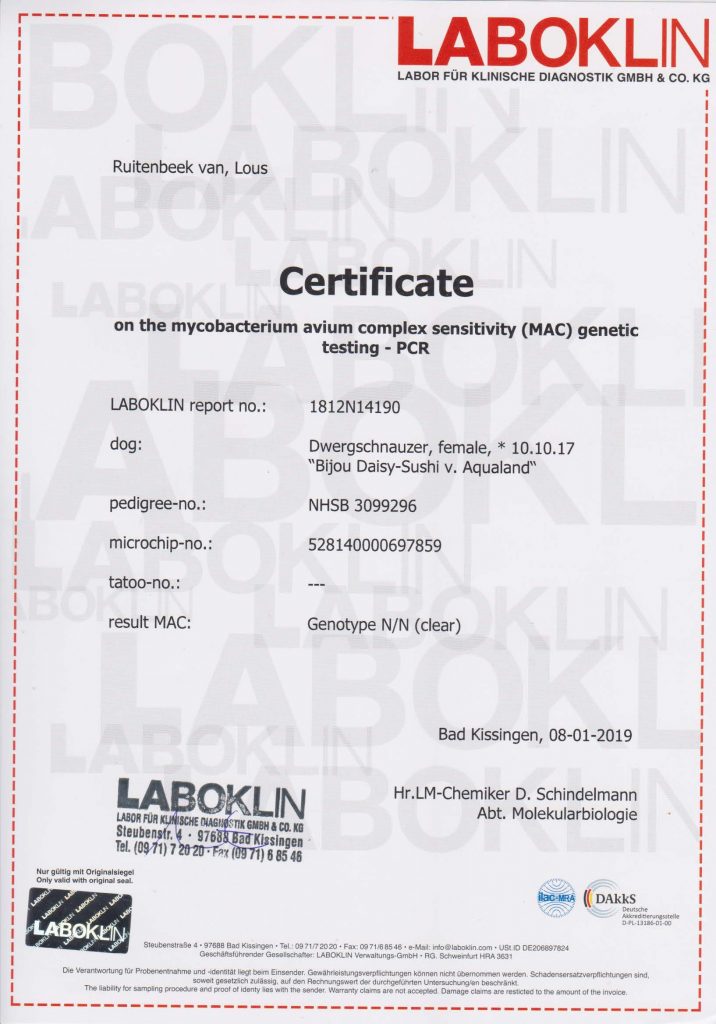 Laboklin Genetic Testing Form Bijou Daisy-Sushi v. Aqualand - Aqualand Bouviers